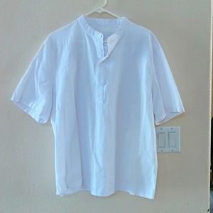 2XL White Summer Cotton/Flax causal  4 button no collar Men's Shirt (2X)